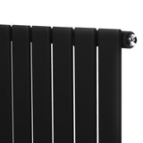 Sleek black flat single column radiator with smooth matte finish and polished valve, measuring 1800mm x 560mm, ideal for modern spaces