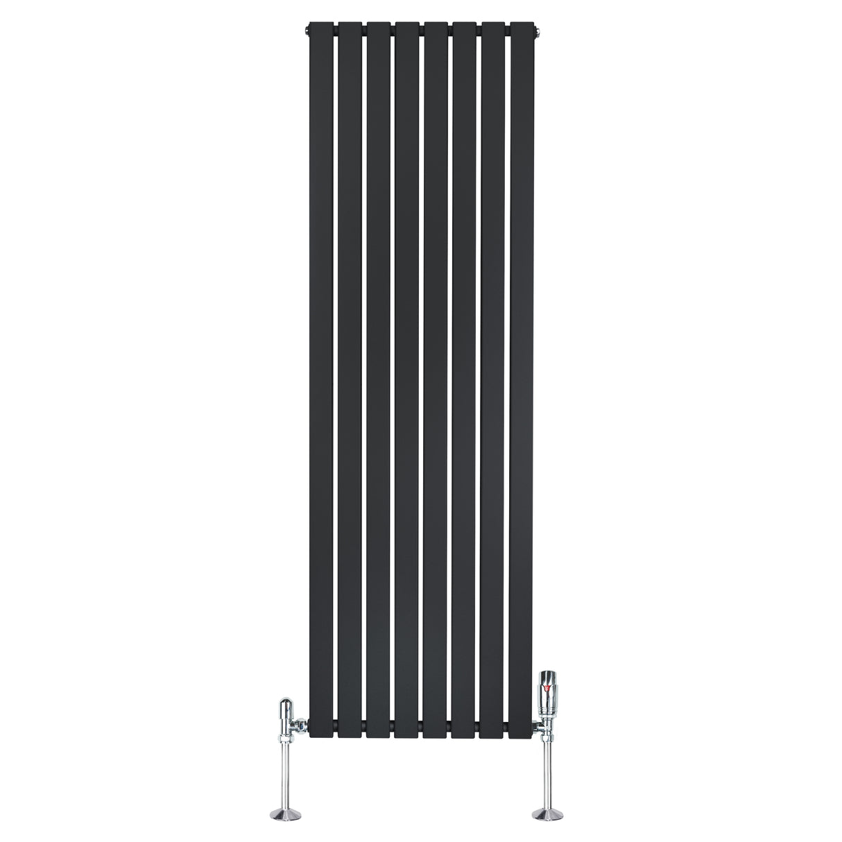 Sleek black flat single column radiator with vertical slats and chrome valves, measuring 1800mm x 560mm, ideal for modern spaces