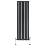 Sleek black flat single column radiator with vertical slats and chrome valves, measuring 1800mm x 560mm, ideal for modern spaces