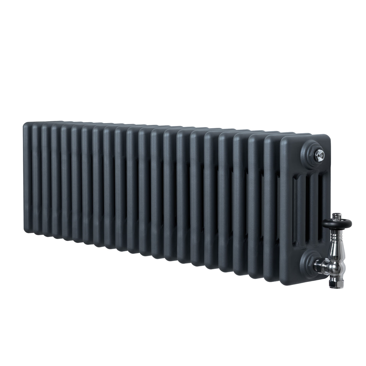 Traditional anthracite grey 4 column radiator with a sleek, textured surface and polished valve, measuring 300 x 1010mm