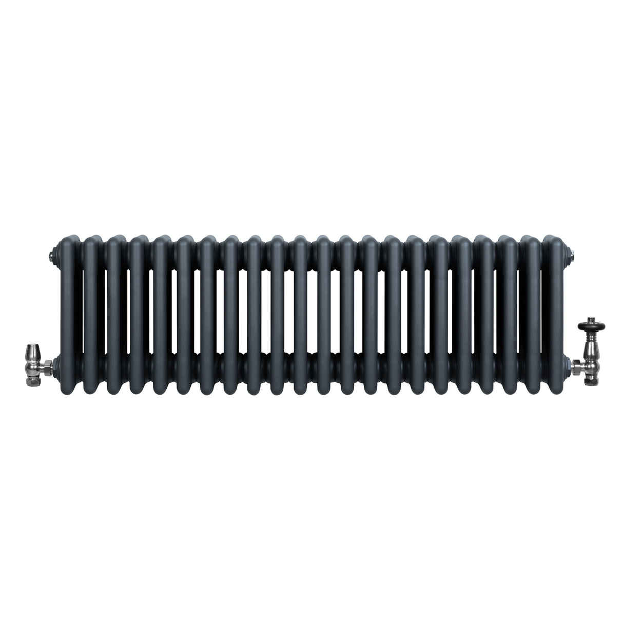 Traditional anthracite grey 4 column radiator with a sleek, modern design and polished valves, ideal for stylish heating solutions