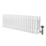 Traditional white 4 column radiator with a sleek, glossy finish and a chrome valve, measuring 300 x 1010mm, ideal for classic interiors