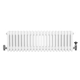 Traditional white 4 column radiator with a smooth finish, featuring polished metal valves on both ends for efficient heating