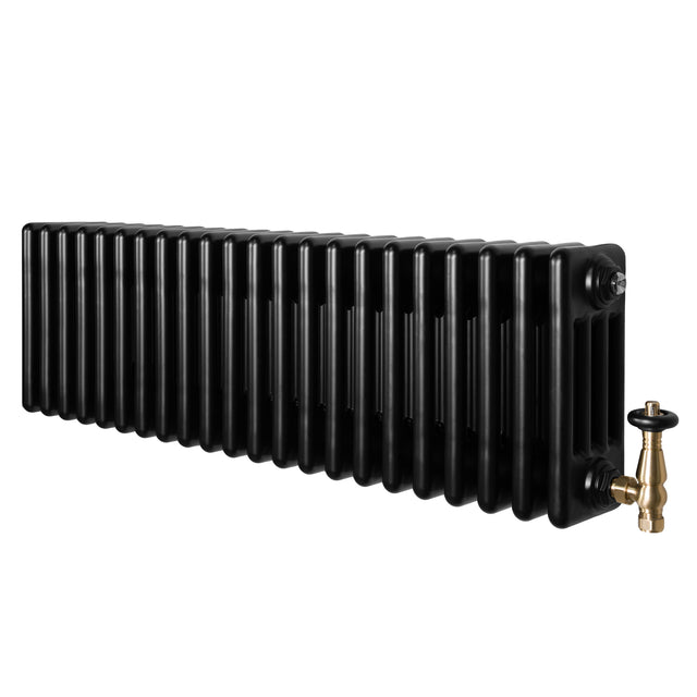 Traditional black 4 column radiator with a sleek, smooth finish and brass valves, measuring 300 x 1010mm, ideal for classic interiors