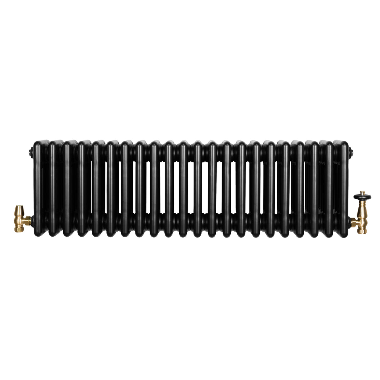 Traditional black 4 column radiator with a sleek, glossy finish, featuring brass valves on both ends for easy installation