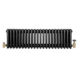 Traditional black 4 column radiator with a sleek, glossy finish, featuring brass valves on both ends for easy installation