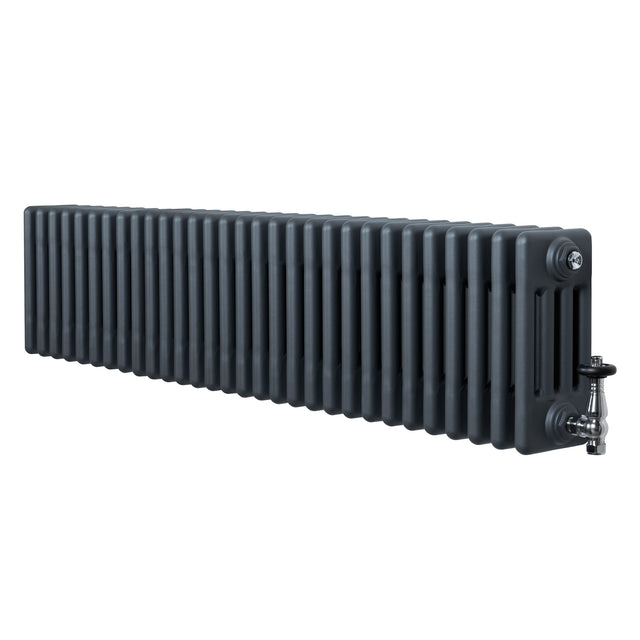 Traditional anthracite grey 4 column radiator measuring 300 x 1370mm, featuring a sleek, textured finish and valve attachment