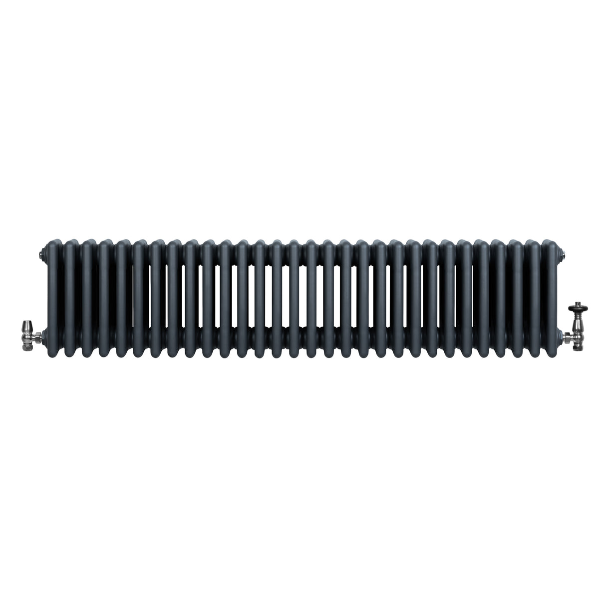 Traditional anthracite grey 4 column radiator with a sleek, ribbed design, measuring 300 x 1370mm, featuring stylish valves