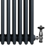Traditional anthracite grey 4 column radiator with smooth, rounded tubes and a polished valve for efficient heating
