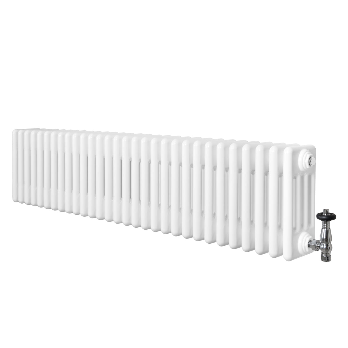 Traditional white 4 column radiator measuring 300 x 1370mm with a sleek, smooth finish and a chrome valve for easy temperature control