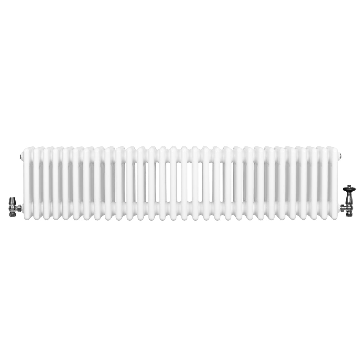 Traditional white 4 column radiator with a smooth finish, featuring two valves on each end, measuring 300 x 1370mm