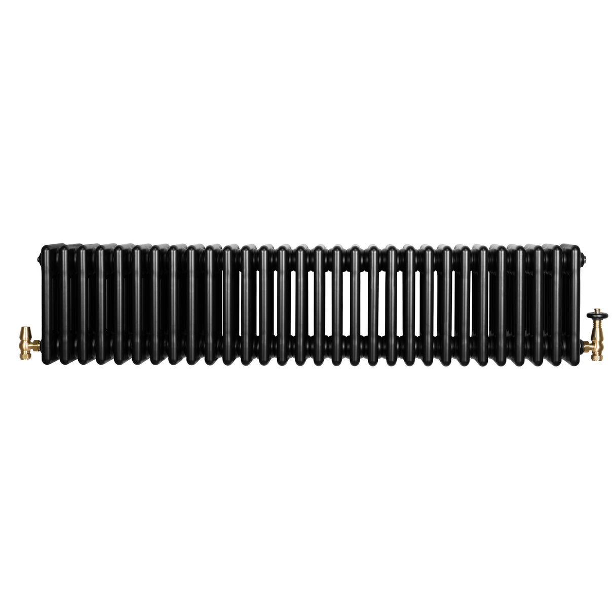 Traditional black 4 column radiator with a sleek, ribbed design, featuring brass valves on both ends for easy installation