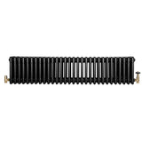 Traditional black 4 column radiator with a sleek, ribbed design, featuring brass valves on both ends for easy installation