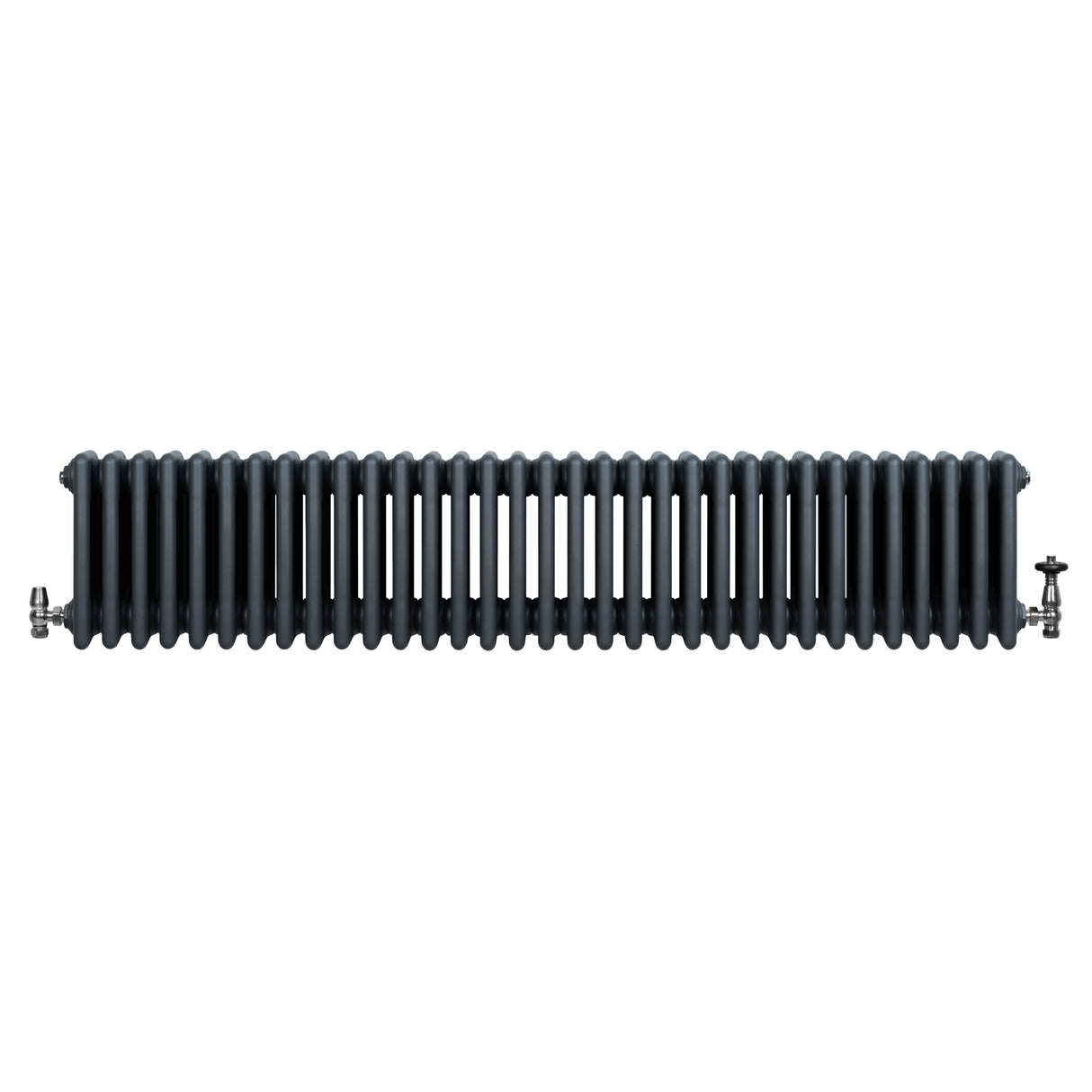 Traditional anthracite grey 4 column radiator with sleek, ribbed design, featuring polished valves on each end for efficient heating