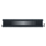Traditional anthracite grey 4 column radiator with sleek, ribbed design, featuring polished valves on each end for efficient heating
