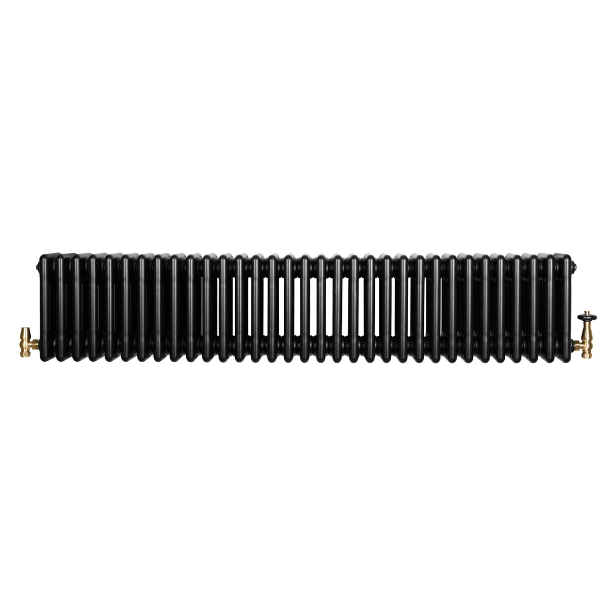 Traditional black 4 column radiator with a sleek design, featuring brass valves and a smooth, glossy finish, measuring 300 x 1505mm