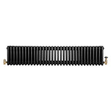 Traditional black 4 column radiator with a sleek design, featuring brass valves and a smooth, glossy finish, measuring 300 x 1505mm
