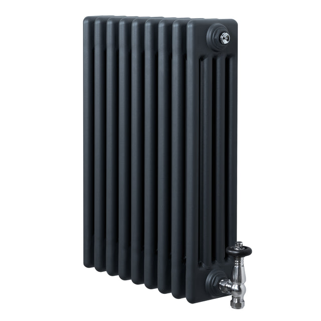 Traditional anthracite grey 4 column radiator with a sleek, textured finish and chrome valves, measuring 600 x 425mm