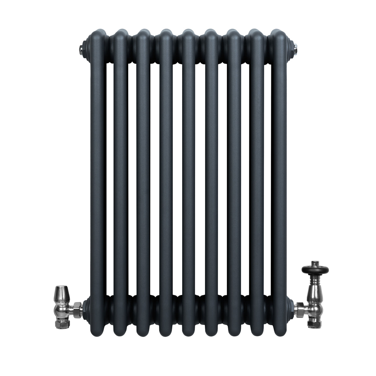 Traditional anthracite grey 4 column radiator with smooth, rounded edges and polished metal valves, ideal for stylish heating solutions
