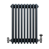 Traditional anthracite grey 4 column radiator with smooth, rounded edges and polished metal valves, ideal for stylish heating solutions