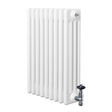 Traditional white 4 column radiator with a glossy finish, featuring vertical grooves and a chrome valve for efficient heating