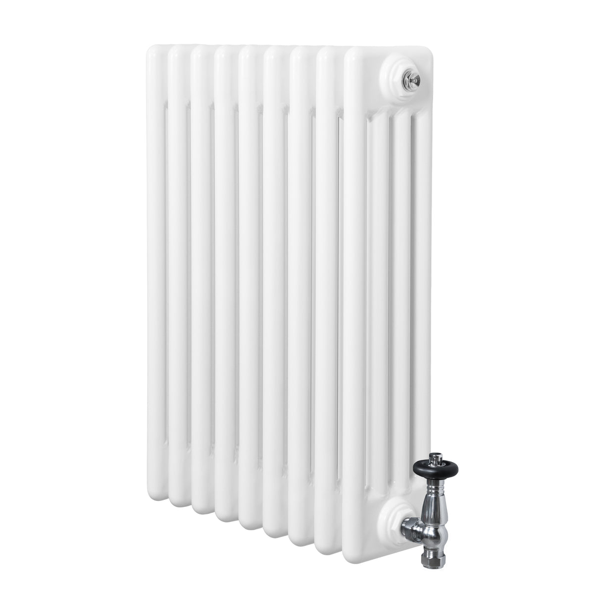 Traditional white 4 column radiator with a glossy finish, featuring vertical grooves and a chrome valve for efficient heating