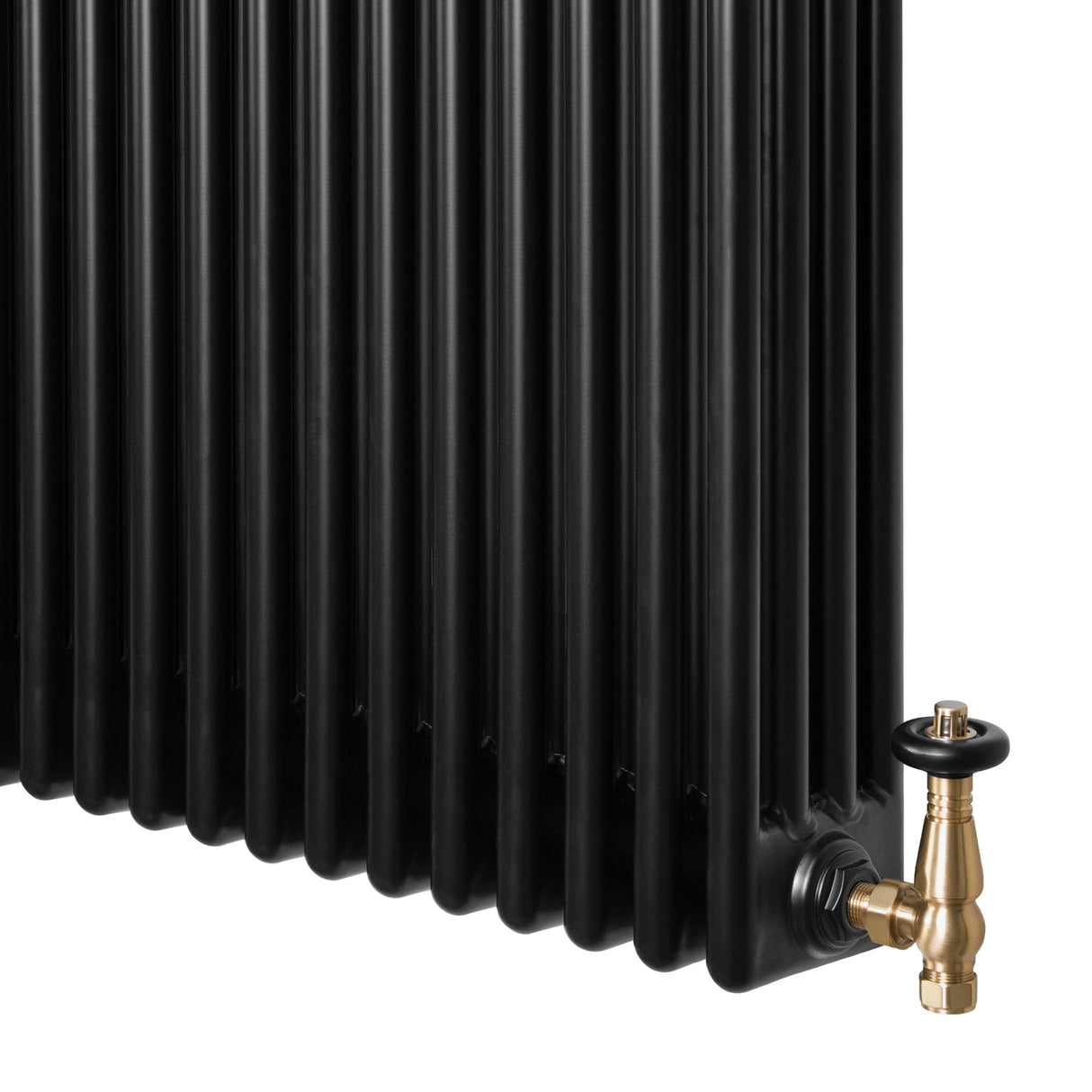 Traditional black 4 column radiator with a textured finish and brass valve, measuring 600 x 425mm, ideal for classic interiors