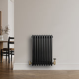 Traditional black 4 column radiator with brass valves, featuring a sleek design and smooth, glossy finish, perfect for modern interiors