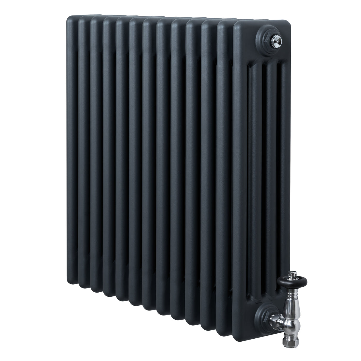 Traditional anthracite grey 4 column radiator with a sleek design, featuring polished valves and a textured finish for modern interiors