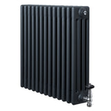 Traditional anthracite grey 4 column radiator with a sleek design, featuring polished valves and a textured finish for modern interiors