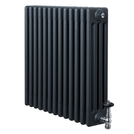 Traditional anthracite grey 4 column radiator with a sleek design, featuring polished valves and a textured finish for modern interiors
