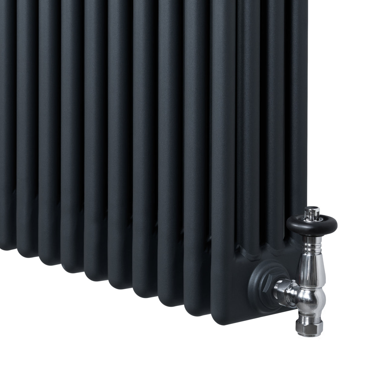 Anthracite grey traditional 4 column radiator with smooth, textured surface and polished valve, ideal for classic interiors