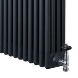 Anthracite grey traditional 4 column radiator with smooth, textured surface and polished valve, ideal for classic interiors