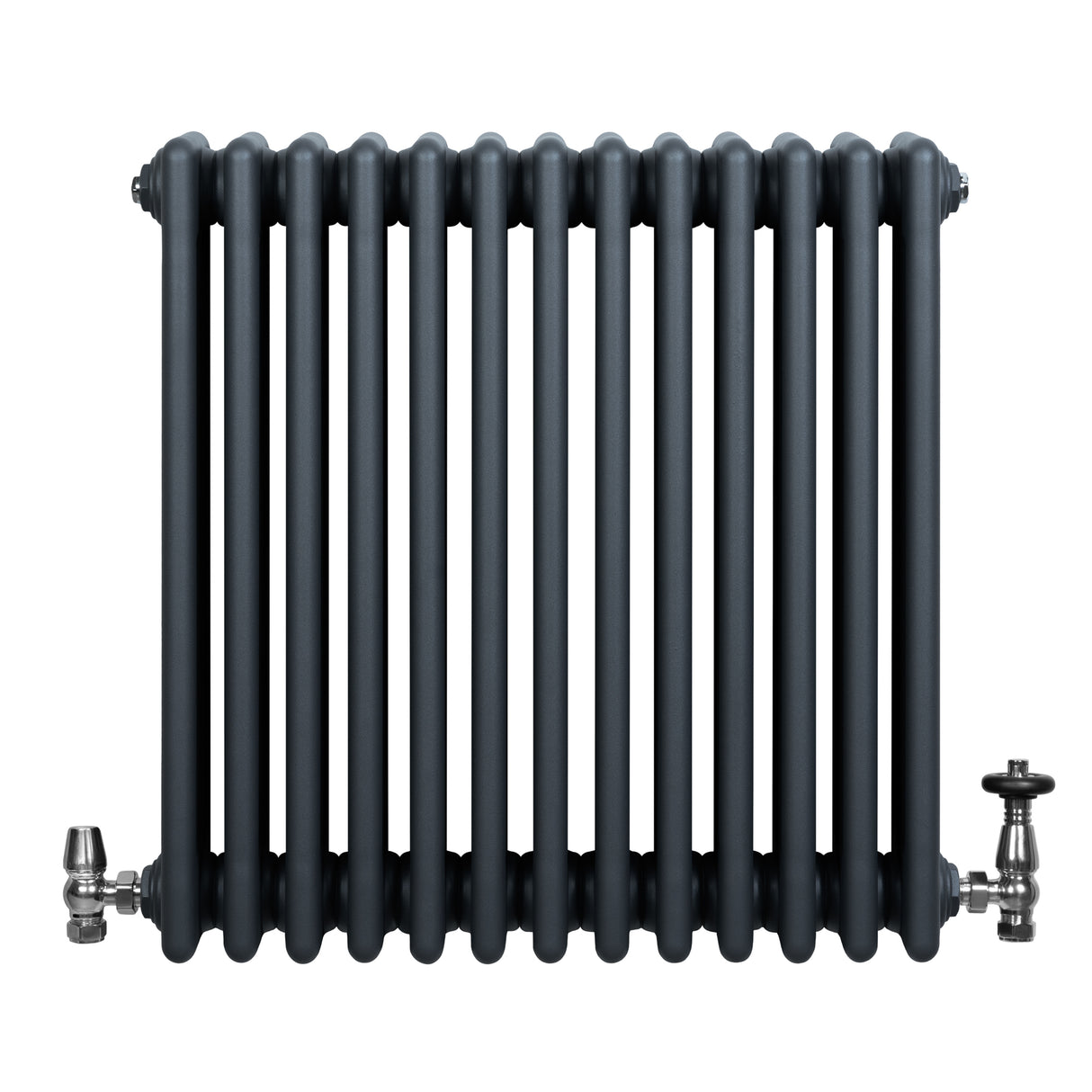 Traditional anthracite grey 4 column radiator with a sleek, ribbed design and polished valves, ideal for modern interiors
