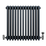Traditional anthracite grey 4 column radiator with a sleek, ribbed design and polished valves, ideal for modern interiors