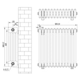Traditional anthracite grey 4 column radiator with detailed dimensions, showcasing a sleek, textured finish and modern design