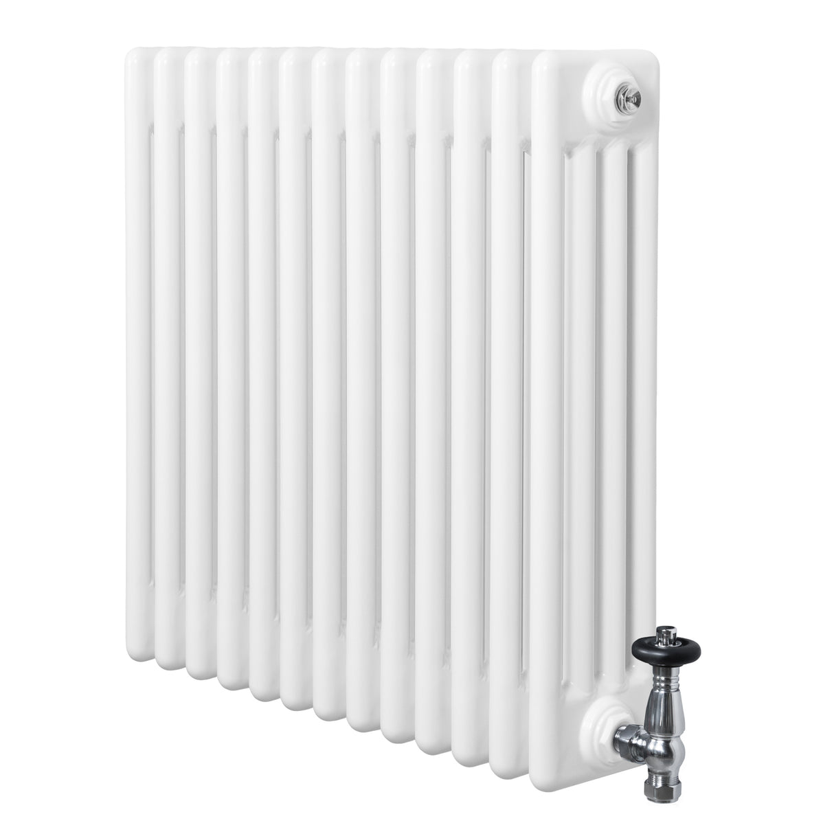 Traditional white 4 column radiator with a glossy finish, featuring a sleek design and a chrome valve on the side