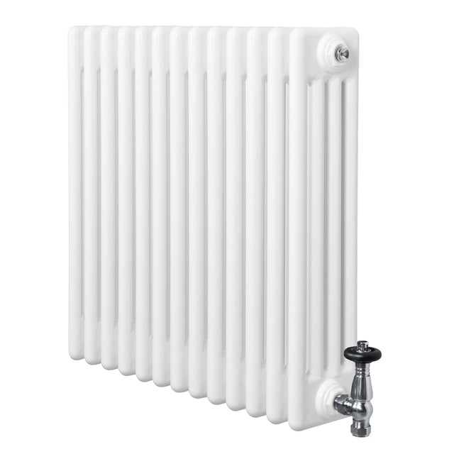 Traditional white 4 column radiator with a glossy finish, featuring a sleek design and a chrome valve on the side