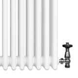 Traditional white 4 column radiator with smooth, glossy finish and black valve, designed for efficient heating in homes