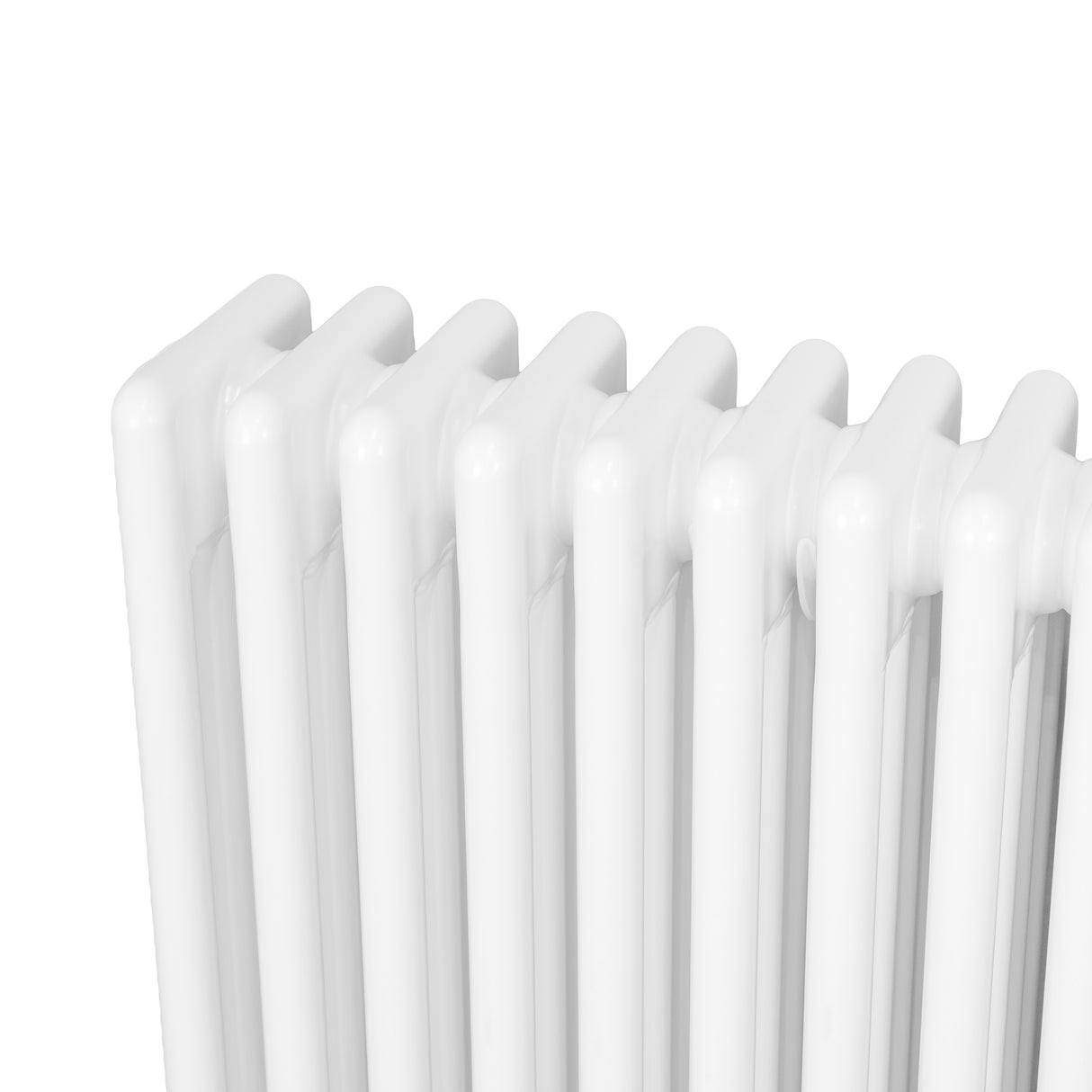 Traditional white 4 column radiator with smooth, glossy finish, featuring rounded edges and a compact design, ideal for heating spaces