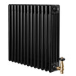 Black traditional 4 column radiator with a sleek finish, featuring brass valves and a compact design, measuring 600 x 605mm