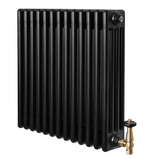 Black traditional 4 column radiator with a sleek finish, featuring brass valves and a compact design, measuring 600 x 605mm