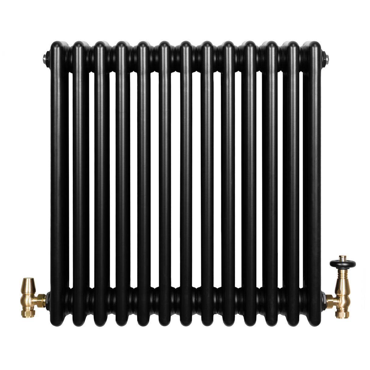 Traditional black 4 column radiator with a glossy finish, featuring brass valves on the left and right sides, measuring 600 x 605mm