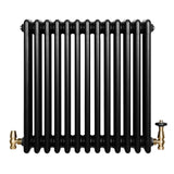 Traditional black 4 column radiator with a glossy finish, featuring brass valves on the left and right sides, measuring 600 x 605mm