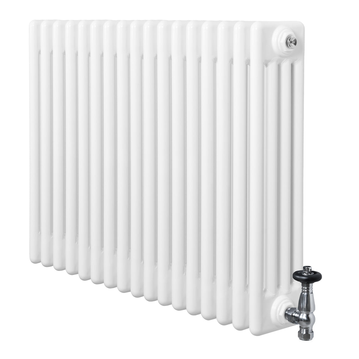 Traditional white 4 column radiator with a smooth, glossy finish and chrome valve, measuring 600 x 785mm, ideal for classic interiors
