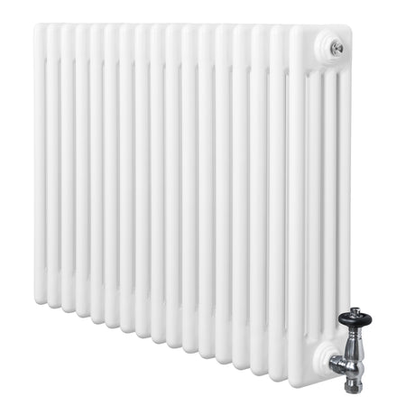 Traditional white 4 column radiator with a smooth, glossy finish and chrome valve, measuring 600 x 785mm, ideal for classic interiors