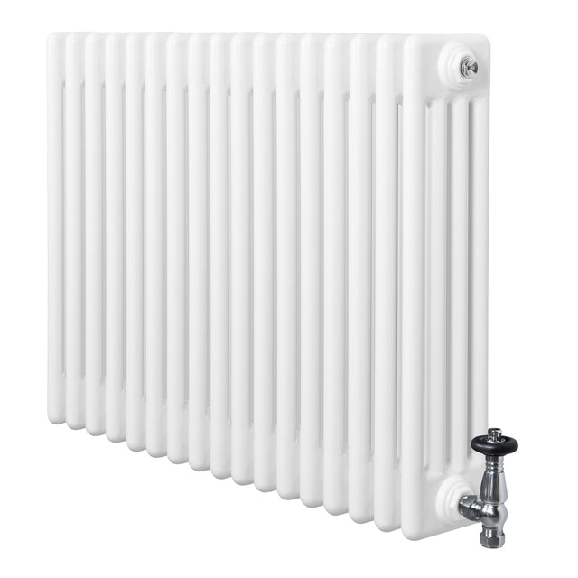 Traditional white 4 column radiator with a smooth, glossy finish and chrome valve, measuring 600 x 785mm, ideal for classic interiors