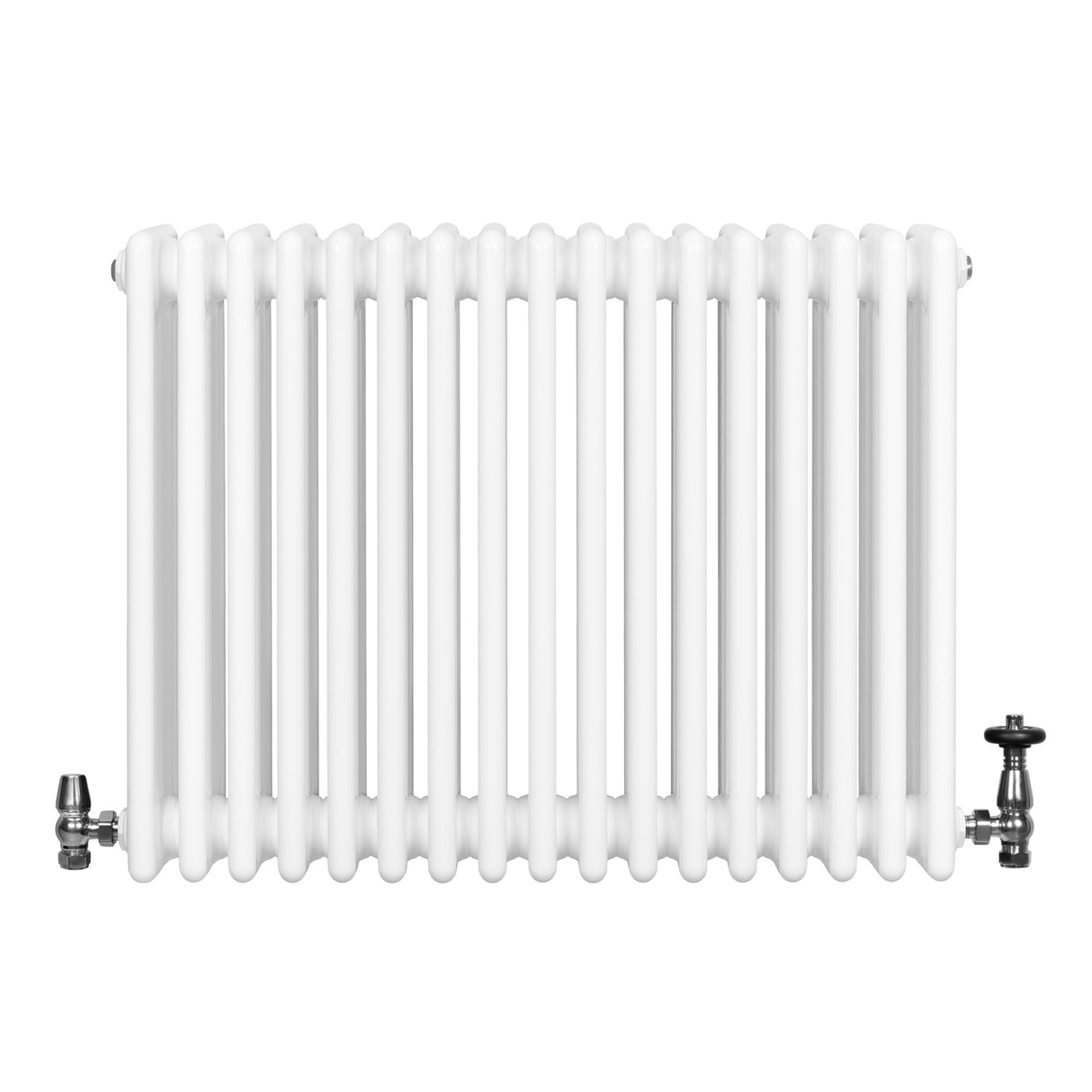 Traditional white 4 column radiator with a smooth finish, featuring chrome valves on each side for efficient heating and style