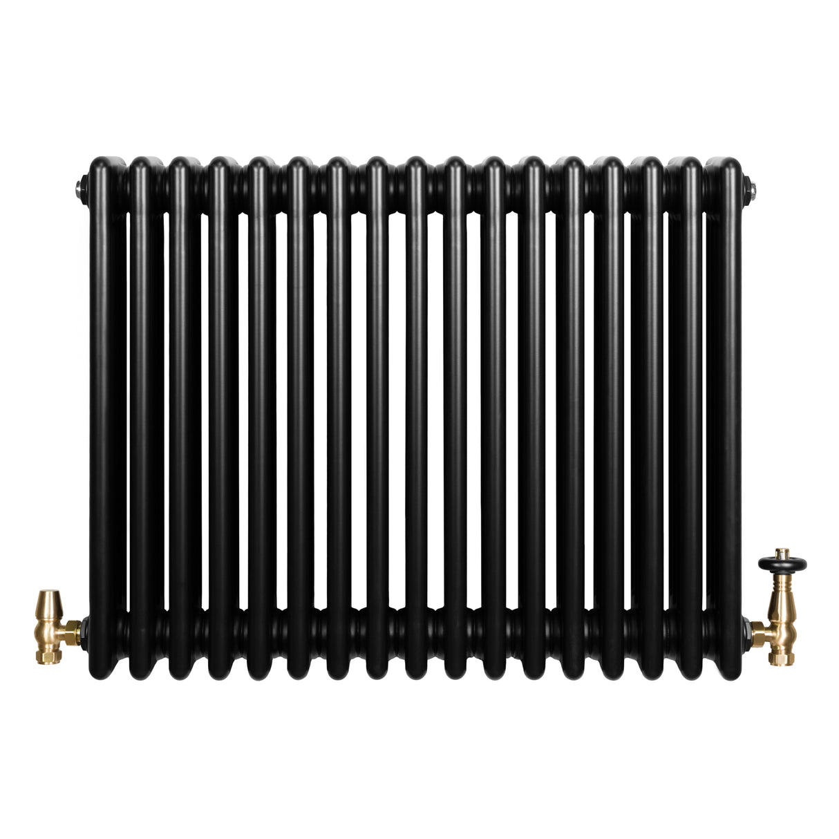 Traditional black 4 column radiator with a smooth, glossy finish and brass valves, measuring 600 x 785mm, ideal for classic interiors
