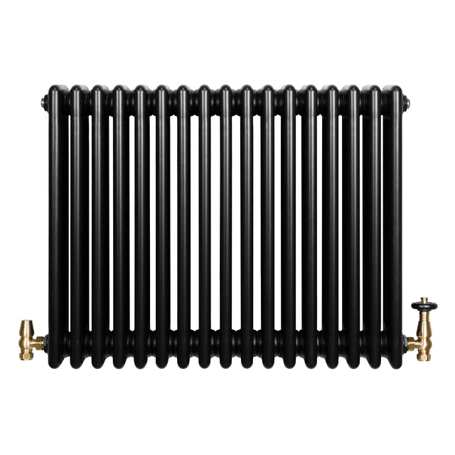 Traditional black 4 column radiator with a smooth, glossy finish and brass valves, measuring 600 x 785mm, ideal for classic interiors
